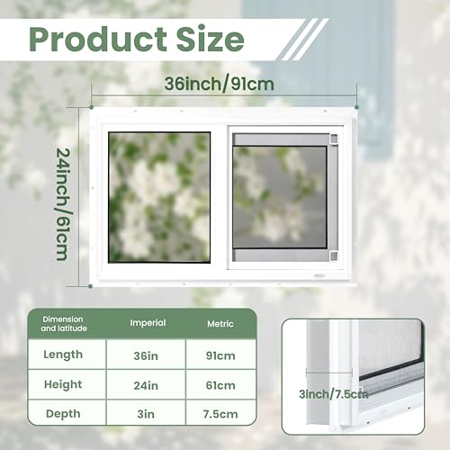 Vinyl Basement Window, Bathroom Sliding Window 36" x 24" White | Double Pane Insulated Tempered Glass and Fiberglass Screen for Basement, Bathroom, Shed - size: 36x24 IN