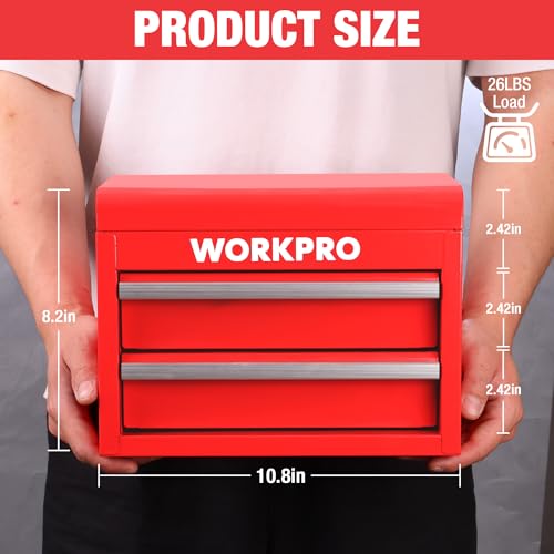 WORKPRO Metal Mini Tool Box with 2 Drawers and Top Storage - color: Red