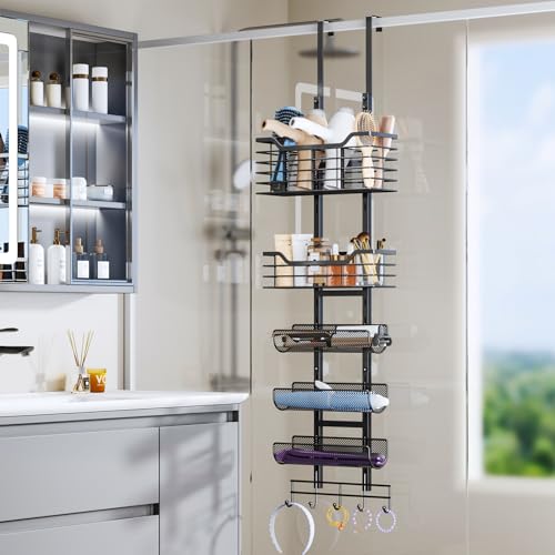 Consumest 6-Tier Hair Tool Organizer - Hair Dryer Holder Over The Door/Wall Mounted DIY Adjustable Shelf Bathroom Door Organizer with Hook for Curling Iron/Blow Dryer/Straightener Black