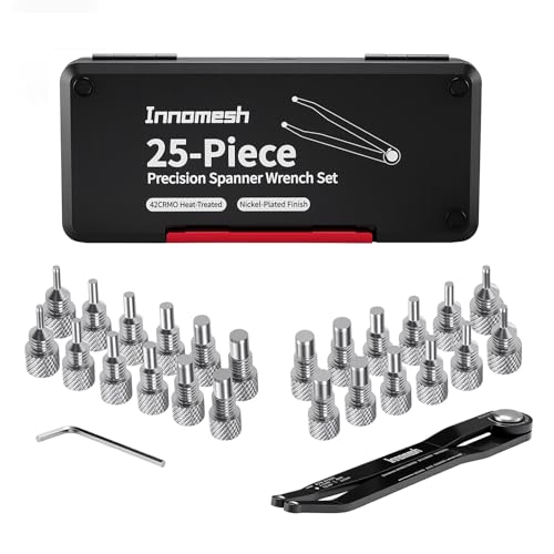 25 Piece Pin Spanner Wrench Set,42CRMO Heat-Treated,Nickel-Plated Finish,Adjustable Spanner Wrench for Bearings,Pulleys & Lock Nuts,Metric & Imperial Precision Pin Wrench,160mm Arms,180° Rotation