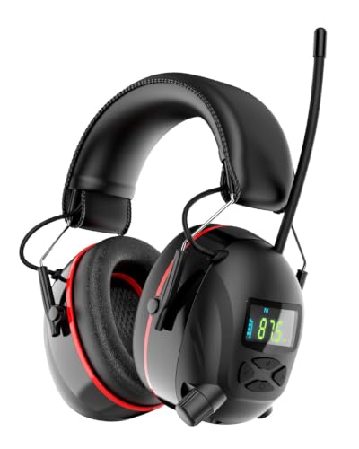 AM FM Radio Headphones with Digital Display, 45H Working Time Rechargeable Hearing Protection Earmuffs, 30dB SNR Noise Reduction Safety Ear Muffs for Mowing, Construction, Woodworking, Shooting