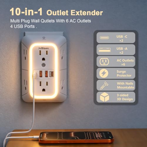 JcBlaon Surge Protector Outlet Extender, 6 Outlet Splitter and 4 USB Ports (PD 20W USB-C) with Night Light, 3 Sided Multi Plug Wall Adapter Power Strip for Home Travel Office-ETL - color: White-20W-1Pcs