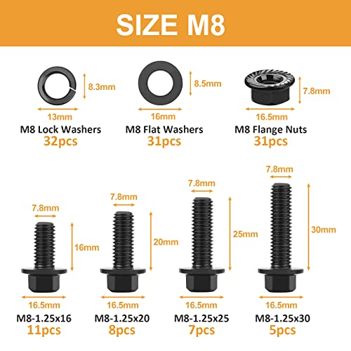 VIGRUE 125PCS M8-1.25 x 16/20/25/30mm Hex Flange Bolts Nuts Washers Kit, Metric Bolt and Nut Assortment, Black Assorted Nuts and Bolts, Full Coarse Thread, Class 10.9 Alloy Steel - size: M8-1.25