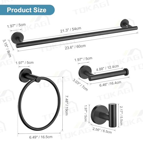 TQKAG Matte Black Bathroom Hardware Set, 6-Piece Towel Bar Set 23.6 Inch - color: Matte Black, size: 6-Pieces Set