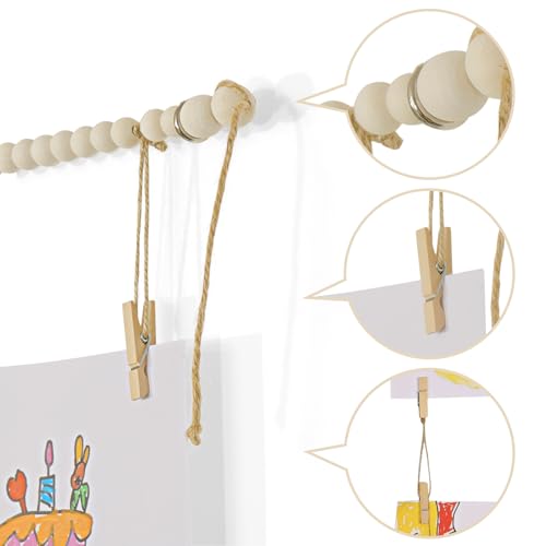 KLOGTSIND Kids Art Display Wall Decor, Wood Beads Garland with 34 Clips - color: Brown