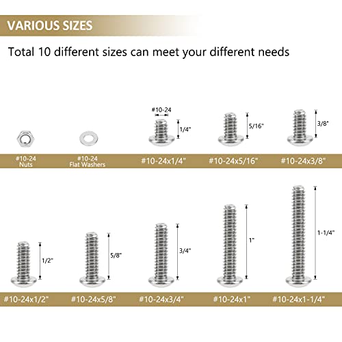 152 Pieces #10-24 x 1/4", 5/16", 3/8", 1/2", 5/8", 3/4", 1", 1-1/4", Button Head Socket Cap Screws Nuts Washers Assortment Kit, 304 Stainless Steel, Fully Machine Thread - size: #10-24, style: Button Head