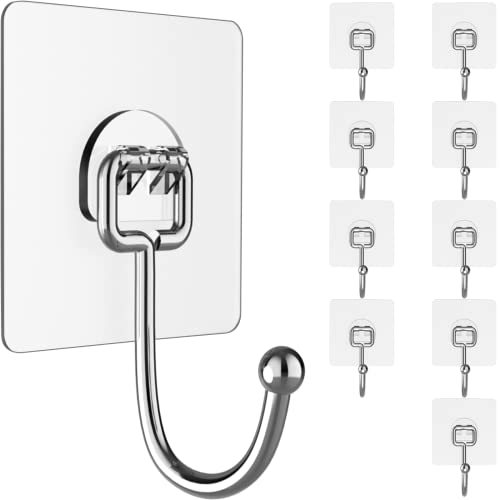 Large Hooks for Hanging Heavy-Duty 44Ib(Max) 10 Packs, Wall Hangers without Nails Self-Adhesive Traceless Clear and Removable, Waterproof and Rustproof Multiple Uses for Bathroom Kitchen Home - size: 10 Large Hooks
