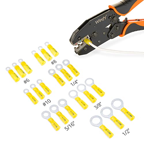 Wirefy 90 PCS Heat Shrink Ring Terminals 3/8" - a Resistant Ring Connectors - Eyelet Wire Connectors - Yellow 10-12 AWG