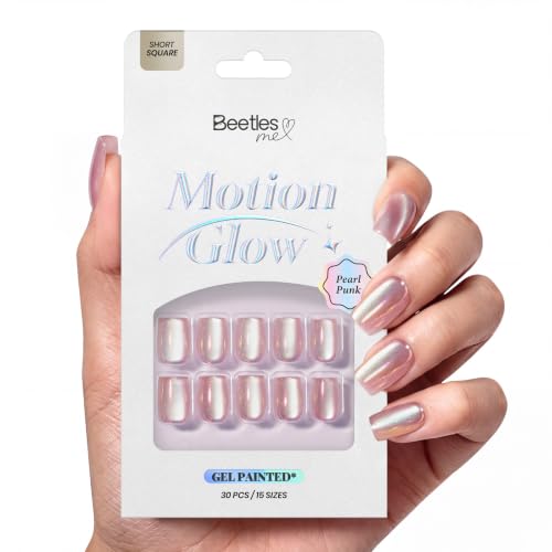 Beetles Pearl Chrome Press On Nails, Purple Cat Eye Short Square, 30 PCS - color: 4A - Pearl Punk - S