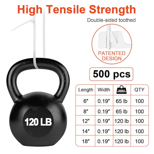 Zip Ties Assorted Size,500 Pack,6+8+12+14+18 Inch Double Sided Toothed,120 LBS Tensile Strength Heavy Duty Cable Wire Ties Self-Locking Adjustable Durable Nylon Tie Wraps for Indoor Outdoor White - size: 6+8+12+14+18 inch 500Pack（100 Lbs）