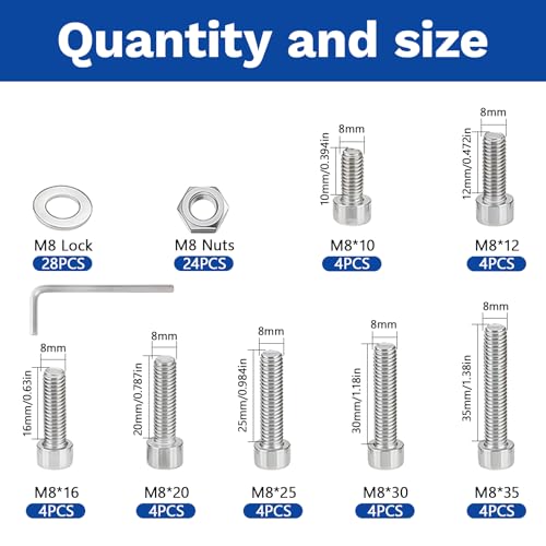80Pcs M8 201 Stainless Steel Hex Socket Cap Bolt & Nut Set - size: M8x10/12/16/18/20/25/30/35-80Pcs