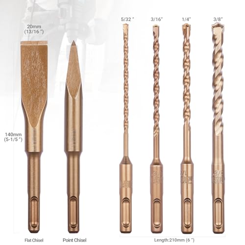 TGFTGF 6-Piece Rotary Hammer Drill Bit and Chisel Set, YG8C Carbide Tip, SDS Plus Concrete Drill Bits, Masonry Drill Bit Set for Stone Brick with Storage Case, Ideal Tools for DIY Home Gift Men Friend - size: 6PCS