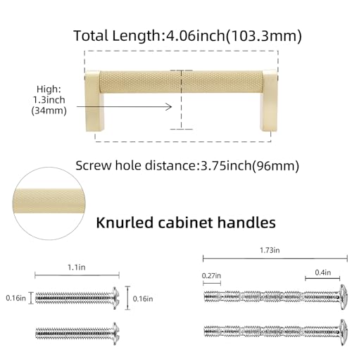10 Pack 3-3/4 inch(96mm) Brushed Brass Kitchen Cabinet Handles Knurled Cabinet Pulls Gold Drawer Pulls Kitchen Cabinet Hardware Handles Drawer Pulls Dresser Handles - color: Brushed Brass, size: 3-3/4" Hole Center（96mm）