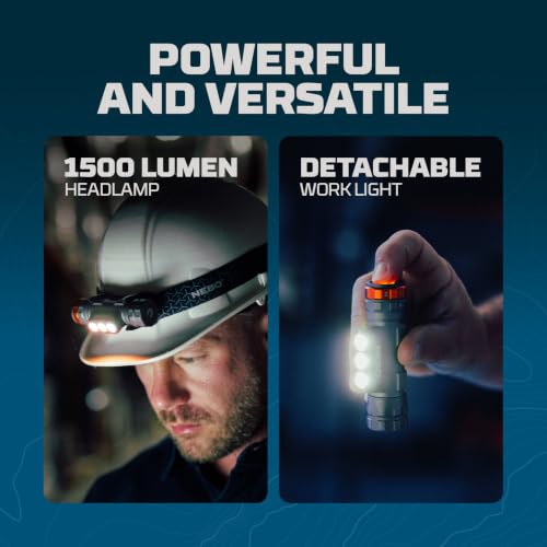 NEBO Transcend 1500 Rechargeable Headlamp | 1,500 Lumens, 5 Light Modes, Detachable Magnetic Work Lamp, Waterproof, Bright LED Head Light for Hiking & Camping, Includes USB Charging Cable - style: 1500 Lumen