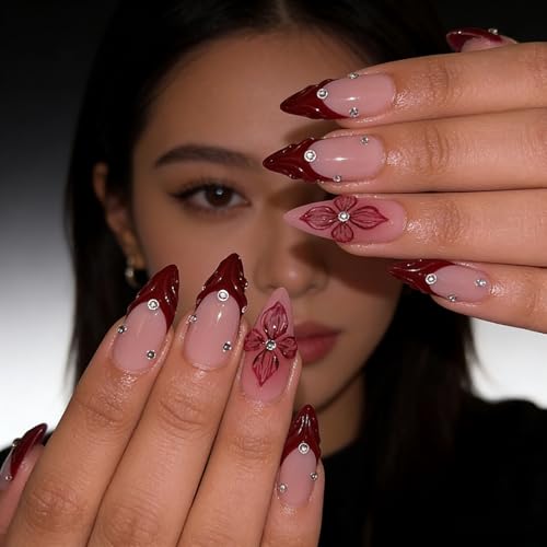 24PCS Red French Tip Press on Nails Almond 3D Flower Fake Nails Medium Diamond Designs Full Cover Glossy Stick on Nails Manicure - color: red french tip flower