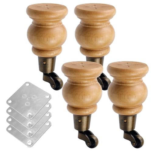 4pcs 6" Wooden Furniture Legs with Furniture Casters, Gourd Shape - color: Wood Color, size: Height: 6"