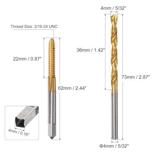 uxcell Tap & Drill Bit Set, 2pcs, 3/16-24 UNC Straight Flute Thread Tap & 4mm Twist Drill Bit, Titanium Coated M2 High Speed Steel Tool Set - size: 3/16-24 UNC + 5/32" (4mm)