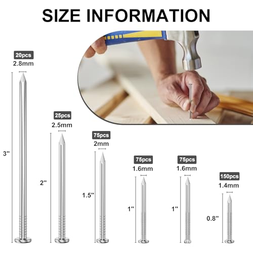VGBUY 420PCS Stainless Steel Hardware Nails Assortment Kit, Up to 3 Inch Long Nails for Hangig Pictures, 6 Size Picture Hanging Nails, Small Nails, Wall Nails, Wood Nails, Finishing Nails - color: Silver, size: SS Hardware Nails Kit