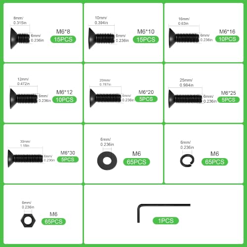 260Pcs M6 Countersunk Flat Head Phillips Machine Screws Assortment Kit, Nuts Washers with Screwdriver, M6x8/10/12/16/20/25/30mm for Electronics & Machinery - size: M6-260Pcs