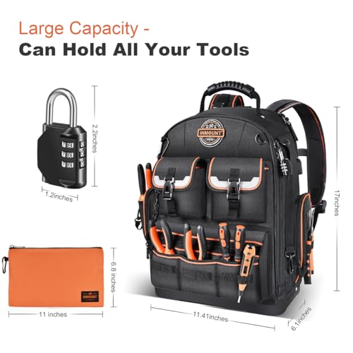Tool Backpack with 2 Small Tool Bags – LOKASS Heavy Duty Backpack Tool Bag with Molded Base,1680D Tool Organizer with Laptop Compartment & Combination Lock, Water-Resistant Electrician & HVAC Tool Bag - color: Dark Black