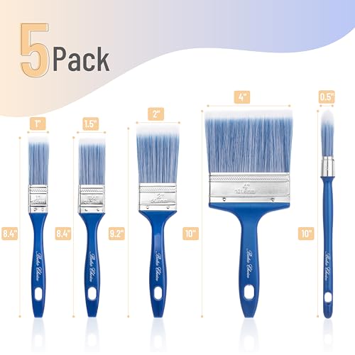 Bates- Paint Brushes for Walls, 5 Pack, Wall Paint Brushes(0.5"/1"/1.5"/2"/4"), Ergonomic Blue Handle