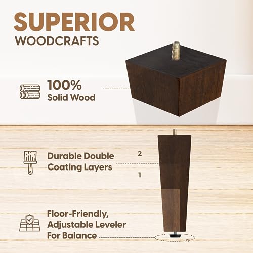Yes4All 8-Inch Square Black Solid Wood Furniture Legs Set of 4, Heavy Duty 800 lbs Capacity, Adjustable Levelers, Replacement Furniture Legs for Couch, Sofa, Dresser, Ottoman, Chair, and Bed - color: Square Brown, size: 8 inch