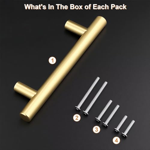 Probrico 30 Pack Hole Centers (90mm) 3.5inch Gold Kitchen Cabinet Handles Stainless Steel Polished Gold Cabinet Pulls Round T Bar Pull Handle for Cabinets and Drawers Total Length 6inch(150mm) - color: Gold, size: Hole Centers: 3-1/2"
