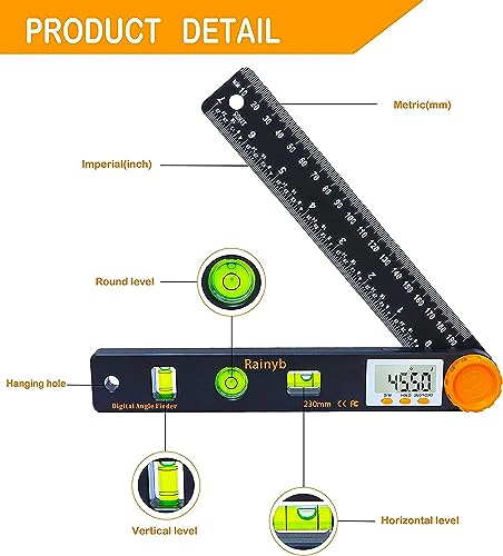Rainyb Digital Angle Finder Tool 7inch 0-360 degree LCD Digital Protractor with Horizontal Vertical Bubble Levels and Ruler Meter Accurate Tools for Carpenters,Woodworkers,Fabricators（7-Inch X 2Pcs） - style: 7inch Angle Finder X 2