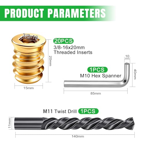 Twidec/22PCS 3/8-16 Threaded Inserts for Wood Furniture Screw-in Nut Wood Inserts Bolt Assortment Kit with Hex Wrench and Drill Bit(3/8-16x20mm) - size: 3/8"-16x20mm