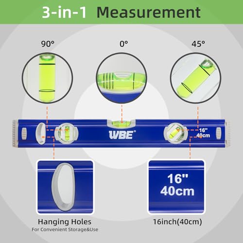 WBE 4-Piece Torpedo Level Set, Aluminium Alloy Magnetic Spirit Level Included 16", 7", 5", 4" Leveler with 180°/90°/45° Bubbles, Clear, Green.