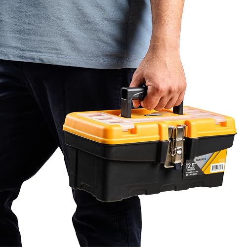 CANOPUS Plastic Toolbox, 12.5-inch Portable Tool Box with Metallic Clutch, Tool Organizer with Extra Storage Tray for Home Tools, Nails and Pins, Black-Yellow