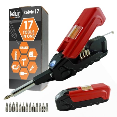 Kelvin Tools - Kelvin 17 Urban Screwdriver Set, All in One Everyday Multitool Screwdriver, Multi-Tip, Compact & Universal Precision, 13 Bit Set with Tape Measure, Liquid Level, Hammer and Flashlight - color: Red