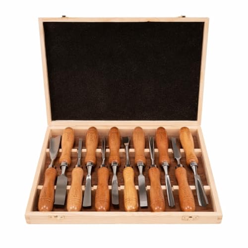 12-Pieces Wood Carving Tools Set – Professional Carving Chisel with Razor Sharp CRV-60 Steel Blades and Wooden Handles in a Wooden Storage Case- Wood Carving Kit