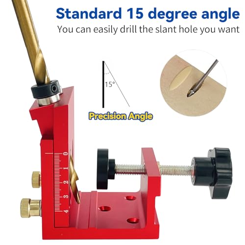 Pocket Hole Jig Kit Adjustable Hole Woodworking Tool with 2 Drill, Pocket Dowel Hole Jig System Set for 15 Degree Joint Angle