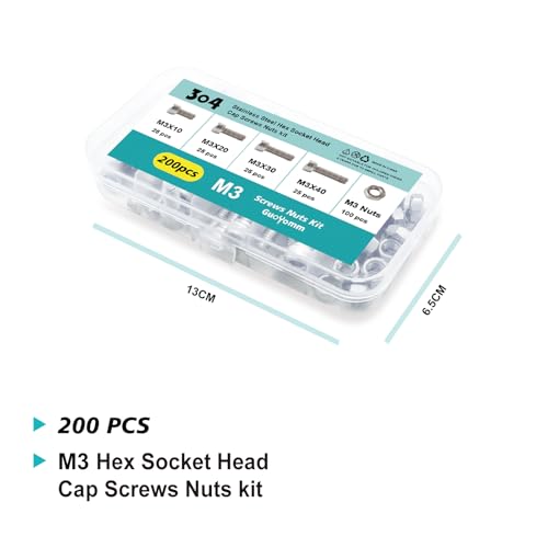 M3 x 10mm 20mm 30mm 40mm Hex Socket Head Cap Screws Bolts and Nuts, Stainless Steel 304, Bright Finish, Metric Allen Drive, Fully Thread, Assortment Kit 200PCS - size: Socket M3x10-40mm+Nuts