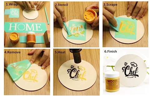 Wood Burning Paste Pen Kit 8pcs, 4OZ Wood Burning Gel with Pen, 6pcs Squeegees, Heat Activate Paste for Craft Stencil, Etching Cream Wood Burning Design for Beginners DIY on Wood, Canvas, Denim - color: 2+6 Wood Burning Gel Kit