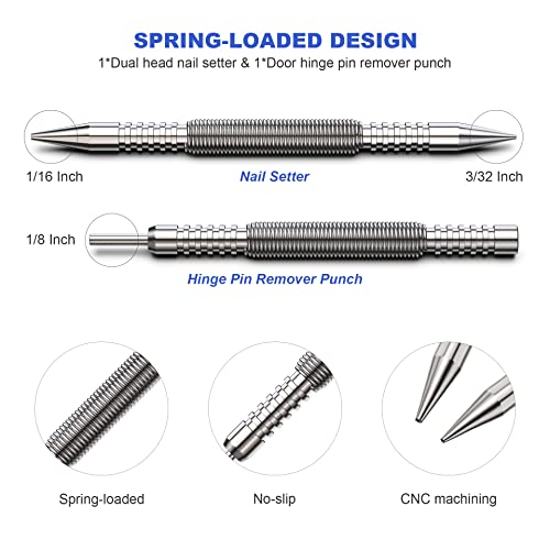 Glieskir 2-Piece Spring Nail Set and Hinge Pin Punch, 1/16 and 3/32 Inch | Spring-loaded, hammerless nail setters with 1/16 and 3/32 inch tips for setting nails and removing door hinge pins