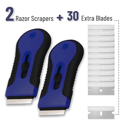 Bates- Razor Blade Scraper Tool, 2 Pack, 30 Extra Stainless Steel Blades, Anti-Slip Ergonomic Handle Design, Razor Scraper Set for Cleaning Window, Paint, Oven, Glass, Stove - color: Black & Blue