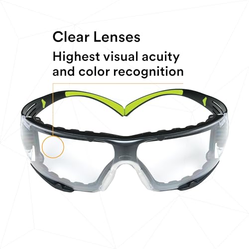 3M Safety Glasses, SecureFit 400, Clear Lens, Green/Black Frame,Foam Gasket - color: Clear Lens, Green/Black Frame With Gasket, size: Single, style: Anti-fog, Anti-scratch