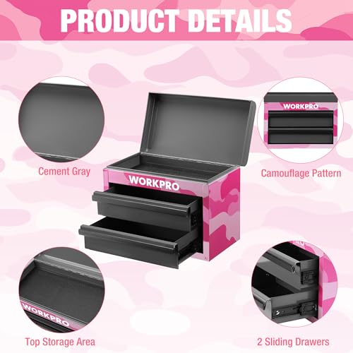 WORKPRO Metal Mini Tool Box with 2 Drawers and Top Storage - color: Pink Camo