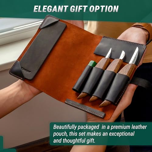 BeaverCraft Wood Carving Knife Set Deluxe S15X - Wood Carving Kit with Detail Chip Knife, Sloyd Roughing Whittling Knives & Leather Strop - Whittling Tools Set with Leather Case for Carvers