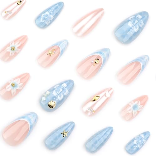 Spring Summer Blue 3D Star Flower Press On Nails, Medium Almond Shape, Ocean Shell French Tip Acrylic Fake Nails, Salon Quality Reusable Floral False Nails for Women Girls, Beach & Daily Wear - color: LF-3720, size: 24 Pieces (Pack of 1)