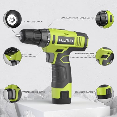PULITUO 12V Green Cordless Drill Set Power Drill Kit with Battery and Charger,electric drill home improvement,3/8-Inch Keyless Chuck,Built-in LED,21+1 Torque Setting - style: 12v Drill (Green)