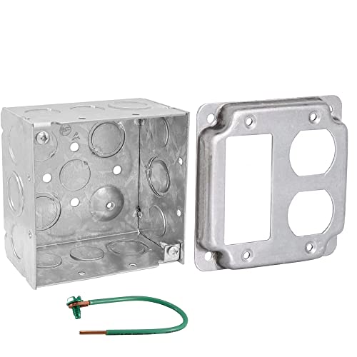 Pack of Box and Cover 4'' Square Electrical Box, 1 Rocker Switch, 1 Duplex Receptacle Exposed Work Cover, Crushed Corners, Welded Construction, Ten 1/2'' and Six TKO Knockouts, Raised Ground, 2-1/8'' - size: Rocker / Duplex
