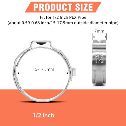 120pcs 1/2 inch PEX Cinch Clamps Rings, 304 Stainless Steel Pex Crimp Rings, Heavy Duty Thickened Single Ear Hose Clamps for PEX Tubing Pipe Fitting Connections - color: 120 Pcs, size: 1/2 inch