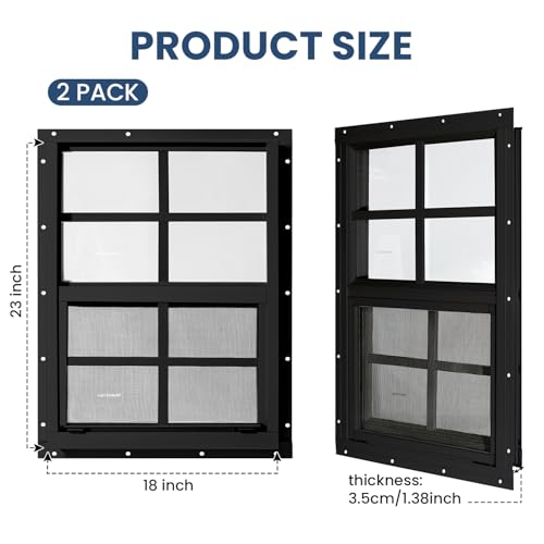 2 Pack Shed Windows, Chicken Coop Windows, 18" x 23" Black - color: Black, size: 18" x 23"