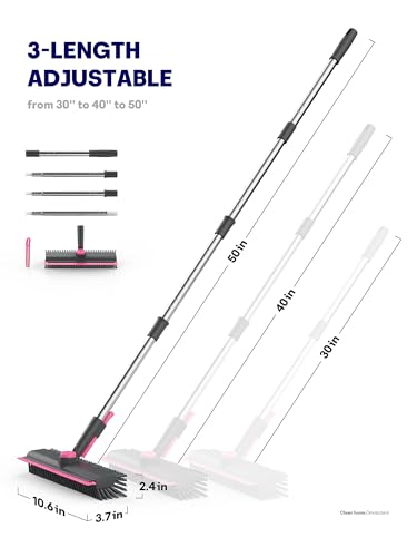 3 in 1 Floor Scrub Brush with Long Handle, Deck Brush with Squeegee - color: Pink and Grey