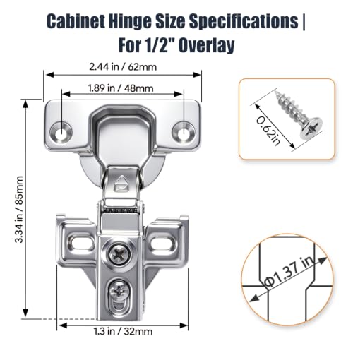Mousike 30 Pack (15 Pair) Soft Close Cabinet Hinges, 1/2 Overlay Soft Close Hinges for Kitchen Cabinet, Stainless Steel, Built-in Damper, 100 Degree Opening Angle, 6 Way Adjustment - color: Silver, size: 30 Pack