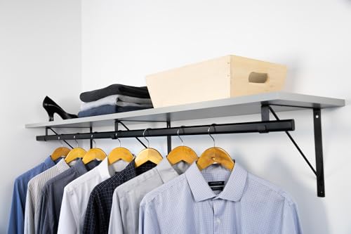 Custom Cut-to-Size Premium Wall-Mounted Shelf with Rod and Bracket Kit. 3/4" Thick Shelves, 14 inches deep. Customize the Length from 16" up to 72". - color: Grey - Black, size: 44 - 72