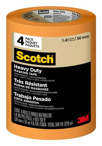 Scotch Heavy Duty Painter's Tape, 4 Rolls, 1.41 in x 60.1 yd, for Use On Vinyl, Carpet, Metal, & Plastic, Indoor & Outdoor Masking Tape, Bonds Aggressively, 3-Day Clean Removal (2020+-36AP4) - size: 1.41" Width, style: 4 rolls
